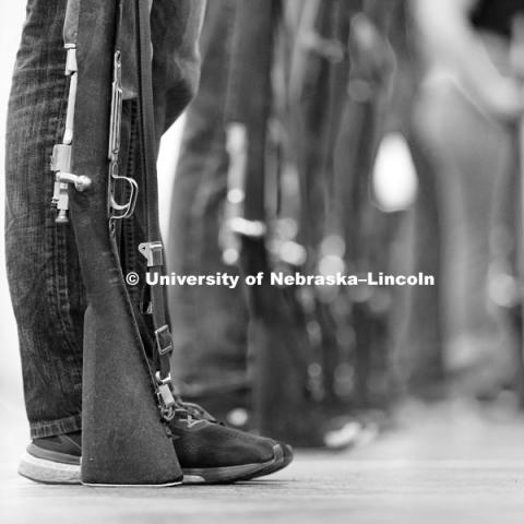 The drill team uses Springfield rifles to drill with. The bolt-action rifles were the military's rifle between 1903 and 1936. Pershing Rifle drill team practices in the Pershing Military and Naval Science Building. Student organization sponsored by ROTC.