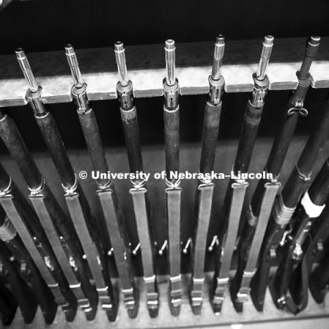 The Springfield rifles rest in their rack following practice. Pershing Rifle drill team practices in the Pershing Military and Naval Science Building.  Student organization sponsored by ROTC. April 17, 2018. Photo by Craig Chandler / University