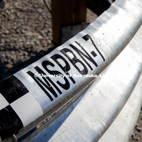 Test of bull-nose barrier for use in medians to protect cars from overpass columns. Test was at university's Midwest Roadside Safety Facility at the Lincoln airport. June 5, 2018. Photo by Craig Chandler / University Communication.