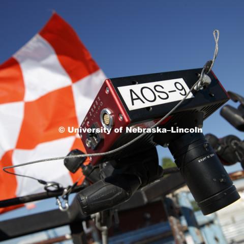 High speed cameras are used to record the test from all angles. Test of bull-nose barrier for use in medians to protect cars from overpass columns. Test was at university's Midwest Roadside Safety Facility at the Lincoln airport. June 5, 2018. Photo by Craig Chandler / University Communication.