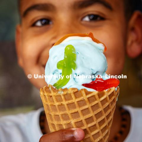 Dairy Store making Shark Week ice cream with gummy sharks in a light blue ice cream. July 18, 2018. Photo by Craig Chandler / University Communication.