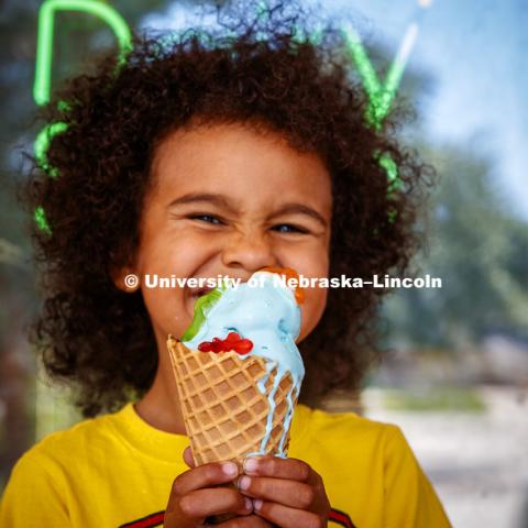 Dairy Store making Shark Week ice cream with gummy sharks in a light blue ice cream. July 18, 2018. Photo by Craig Chandler / University Communication.