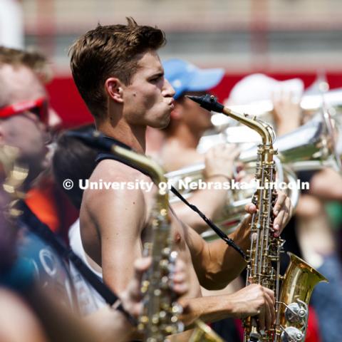 Anthony Palmesano stands at attention. Cornhusker Marching Band practice. August 13, 2018. Photo by Craig Chandler / University Communication.
