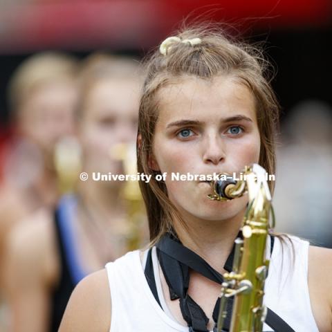Carly Fox marches onto the field. Cornhusker Marching Band practice.  August 13, 2018. Photo by Craig Chandler / University Communication.
