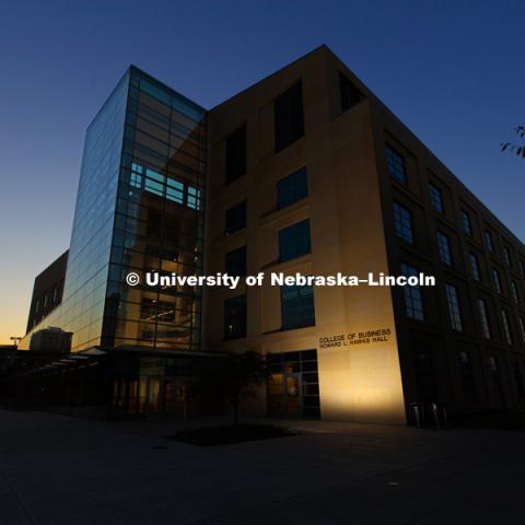 Exterior shot of Howard L. Hawks Hall, College of Business at dusk. August 17, 2018. Photo by Craig Chandler / University Communication.
