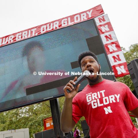 DeWayne Taylor introduces the commercial that will be shown during sporting events and on television. In Our Grit, Our Glory brand reveal party on city campus at the Nebraska Union. August 30, 2018. Photo by Craig Chandler / University Communication.