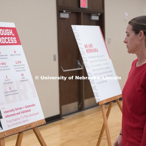 Faculty and staff learn about the new brand before the big reveal to the students. In Our Grit, Our Glory brand reveal party on city campus at the Nebraska Union. August 30, 2018. Photo by Greg Nathan, University Communication.