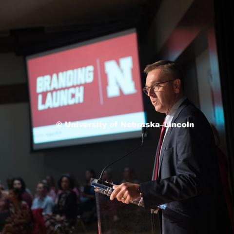 Chancellor Ronnie Green announces the new brand for the University to faculty and staff before the big reveal to the students. In Our Grit, Our Glory brand reveal party on city campus at the Nebraska Union. August 30, 2018. Photo by Greg Nathan, University Communication.