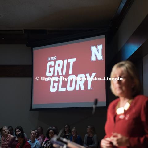 Donde Plowman talks to faculty and staff before the big reveal to the students. In Our Grit, Our Glory brand reveal party on city campus at the Nebraska Union. August 30, 2018. Photo by Greg Nathan, University Communication.