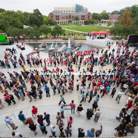 The Union Plaza is filled with students, faculty, and staff who all joined in the festivities for the brand launch. In Our Grit, Our Glory brand reveal party on city campus at the Nebraska Union. August 30, 2018. Photo by Greg Nathan, University Communication.