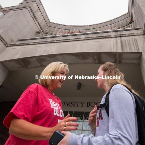 Donde Plowman stops to talk to a student at the Brand Launch. In Our Grit, Our Glory brand reveal party on city campus at the Nebraska Union. August 30, 2018. Photo by Greg Nathan, University Communication.