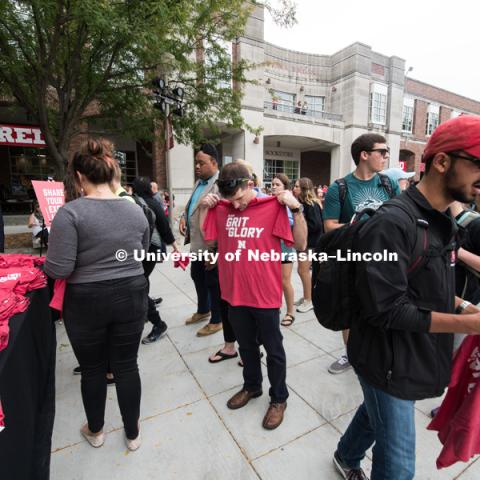 Students line up for free Grit and Glory t-shirts. In Our Grit, Our Glory brand reveal party on city campus at the Nebraska Union. August 30, 2018. Photo by Greg Nathan, University Communication.