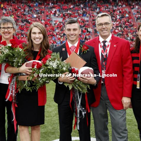 Seniors Gage Hoegermeyer of Herman and Monica Rogers of Omaha were crowned king and queen at the University of Nebraska–Lincoln's homecoming celebration. Hoegermeyer and Rogers, elected in an online vote of the student body on Sept. 27, were crowned on the field at Memorial Stadium during halftime of the Sept. 29 Nebraska-Purdue football game. September 29, 2018. Photo by Craig Chandler / University Communication.