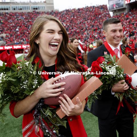 Seniors Gage Hoegermeyer of Herman and Monica Rogers of Omaha were crowned king and queen at the University of Nebraska–Lincoln's homecoming celebration. Hoegermeyer and Rogers, elected in an online vote of the student body on Sept. 27, were crowned on the field at Memorial Stadium during halftime of the Sept. 29 Nebraska-Purdue football game. September 29, 2018. Photo by Craig Chandler / University Communication.