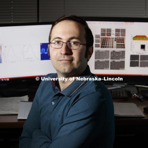 Nebraska’s Christos Argyropoulos has received a three-year, $750,000 early career grant from the Office of Naval Research’s Young Investigator Program. He will use the award to advance research into using ultrafast, short-pulse lasers to modify metal surfaces. The work has potential use in national defense applications. January 9, 2019. Photo by Craig Chandler / University Communication.