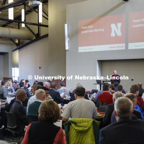 Chancellor Ronnie Green talks with deans and directors during a Town Hall meeting at Nebraska Innovation Campus. January 9, 2019. Photo by Craig Chandler / University Communication.