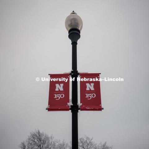 Snowy background behind the light post with red N Banners featuring the new N150 anniversary logo on City Campus. January 12, 2019. Photo by Justin Mohling, University Communication.