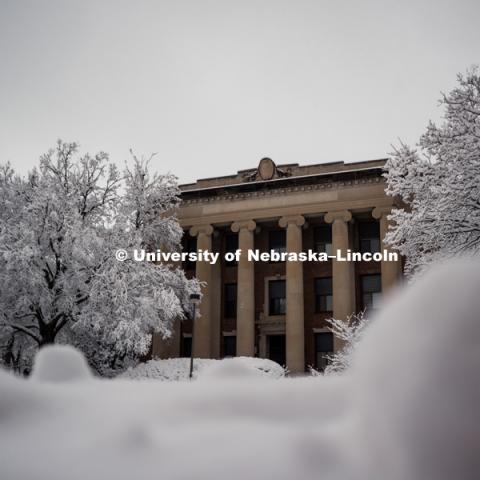 Snow covered lawn in front of Pound Hall on City Campus. January 12, 2019. Photo by Justin Mohling, University Communication.