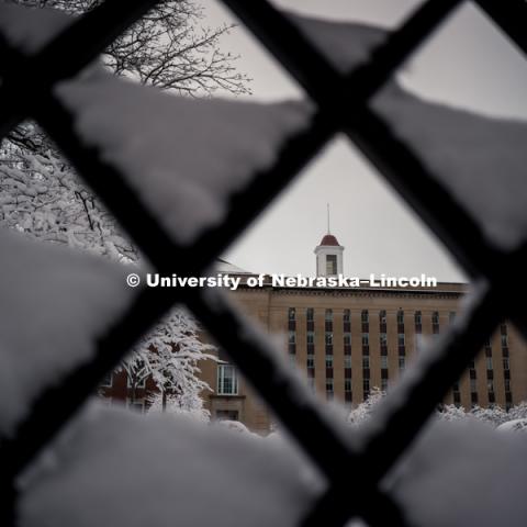 Love Library cupola framed in the snow covered lattice work of the fence. January 12, 2019. Photo by Justin Mohling, University Communication.