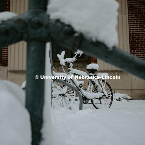 Snow covered bike in bike rack on City Campus. January 12, 2019. Photo by Justin Mohling, University Communication.