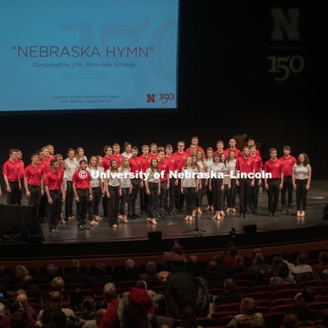 The University of Nebraska Big Red Singers (directed by Nick McGraw) sang Nebraska Hymn, which was composed by UNL Alum Kate Schrader.  State of the University address at the Lied Center. January 15, 2019. Photo by Greg Nathan / University Communication.