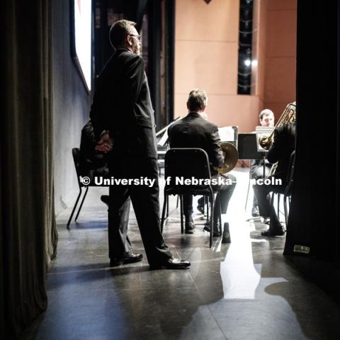 Chancellor Ronnie Green waits in the wings of the Lied stage to deliver his State of the University address. January 15, 2019. Photo by Craig Chandler / University Communication.
