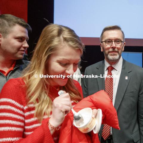 Chancellor Ronnie Green catches his breath as he surrounded by family members including his son, Nate, and daughter, Regan, during the reception following his State of the University address. January 15, 2019. Photo by Craig Chandler / University Communication.