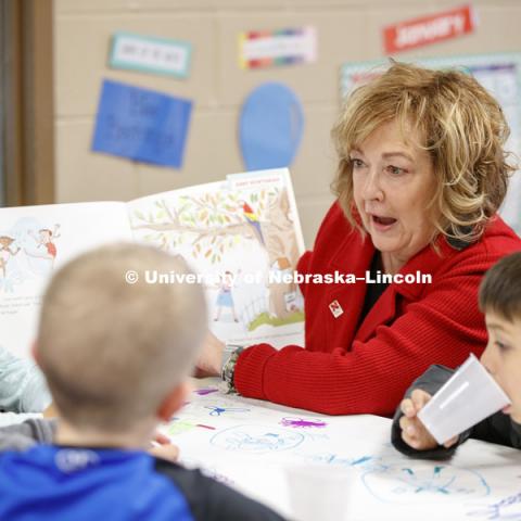 Laurie Bellows, Interim Vice Chancellor for Student Affairs, reads at the YMCA of Lincoln-Northeast as part of the Husker Reading Challenge. The UNL students reading at the Y are part of the Chancellor's Leadership Class. Students, faculty and staff are invited to honor King’s legacy through a day of service. In collaboration with Prosper Lincoln and Read Aloud Lincoln, the Center for Civic Engagement at Nebraska will host the reading challenge. January 21, 2019. Photo by Craig Chandler / University Communication.