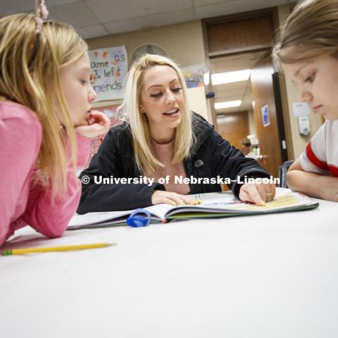 Jordyn Senstock, freshman in Nutrition and Health Sciences, reads at the YMCA of Lincoln-Northeast as part of the Husker Reading Challenge. The UNL students reading at the Y are part of the Chancellor's Leadership Class. Students, faculty and staff are invited to honor King’s legacy through a day of service. In collaboration with Prosper Lincoln and Read Aloud Lincoln, the Center for Civic Engagement at Nebraska will host the reading challenge. January 21, 2019. Photo by Craig Chandler / University Communication.