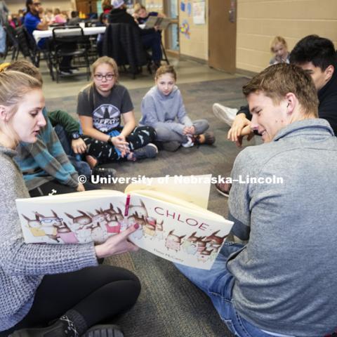 Megan Gilk, freshman in Nutrition and Health Sciences, from Brookings, SD, and Jacob Polk, freshman in economics, from Hooper, read at the YMCA of Lincoln-Northeast as part of the Husker Reading Challenge. The UNL students reading at the Y are part of the Chancellor's Leadership Class. Students, faculty and staff are invited to honor King’s legacy through a day of service. In collaboration with Prosper Lincoln and Read Aloud Lincoln, the Center for Civic Engagement at Nebraska will host the reading challenge. January 21, 2019. Photo by Craig Chandler / University Communication.