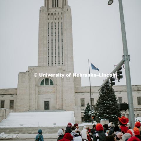 As part of MLK Week, UNL students march with Herbie Husker leading the way in a unifying march through downtown Lincoln and finish with a “Call to Action” program at the Nebraska State Capitol. January 21, 2019. Photo by Justin Mohling for University Communication.