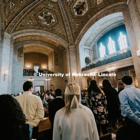 As part of MLK Week, UNL students march with Herbie Husker leading the way in a unifying march through downtown Lincoln and finish with a “Call to Action” program at the Nebraska State Capitol. January 21, 2019. Photo by Justin Mohling for University Communication.