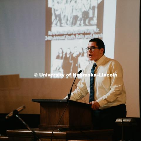 As part of MLK Week, UNL students march with Herbie Husker leading the way in a unifying march through downtown Lincoln and finish with a “Call to Action” program at the Nebraska State Capitol. January 21, 2019. Photo by Justin Mohling for University Communication.