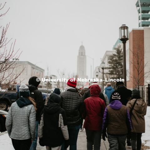 As part of MLK Week, UNL students march with Herbie Husker leading the way in a unifying march through downtown Lincoln and finish with a “Call to Action” program at the Nebraska State Capitol. January 21, 2019. Photo by Justin Mohling for University Communication.