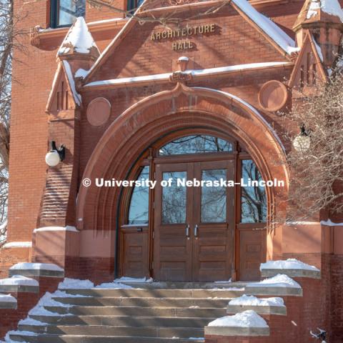 The front entrance of Architecture Hall is covered in snow, city campus, January 23, 2019. Photo by Greg Nathan, University Communication.