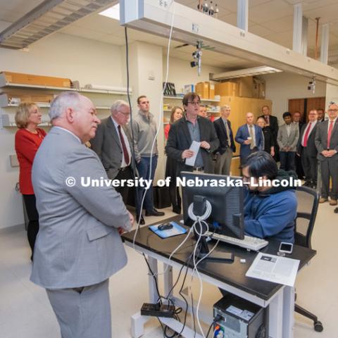 Nebraska's Christian Binek (center) leads the NU Regents and other university officials in a tour of research space in the Voelte-Keegan Nanoscience Research Center on January 24, 2019. The regents toured a variety of campus facilities as part of an annual visit. Photo by Gregory Nathan / University Communication.