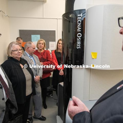 Nebraska's Bob Wilhelm (right) discusses nanoscience research facilities with the NU Board of Regents and university administrators during the January 24 tour. The Nebraska University Regents and other University officials toured a variety of campus facilities as part of an annual visit. January 24, 2019, Photo by Gregory Nathan / University Communication.