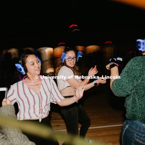 Silent Disco was a free event sponsored by Campus Recreation in the Coliseum along with GLO rock climbing and GLO dodgeball. January 25, 2019. Photo by Justin Mohling for University Communication.