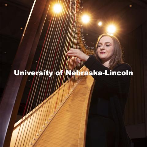 Kelly Callahan play the new harps on the Kimball Hall stage. The Glenn Korff School of Music is building its harp program thanks to the recent purchase of two Lyon and Healy harps, one of which was purchased with support from a generous donor. January 28, 2019. Photo by Craig Chandler / University Communication