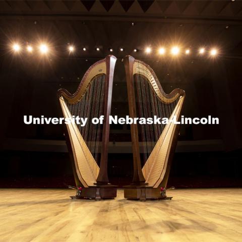 New harps on Kimball Hall stage. The Glenn Korff School of Music is building its harp program thanks to the recent purchase of two Lyon and Healy harps, one of which was purchased with support from a generous donor. January 28, 2019. Photo by Craig Chandler / University Communication