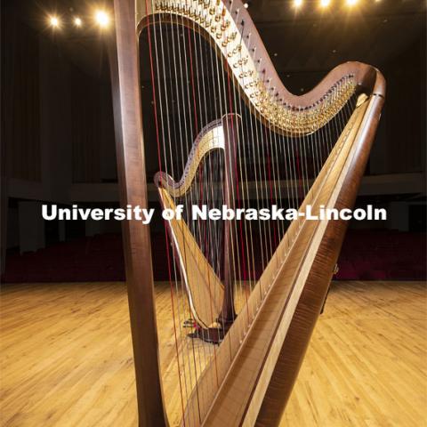 New harps on Kimball Hall stage. The Glenn Korff School of Music is building its harp program thanks to the recent purchase of two Lyon and Healy harps, one of which was purchased with support from a generous donor. January 28, 2019. Photo by Craig Chandler / University Communication