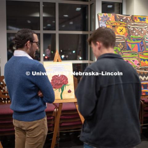 Our Nebraska: Express Yourself Expo in the Oasis Center. Students viewing the different art projects. January 31, 2019. Photo by Justin Mohling / University Communication.