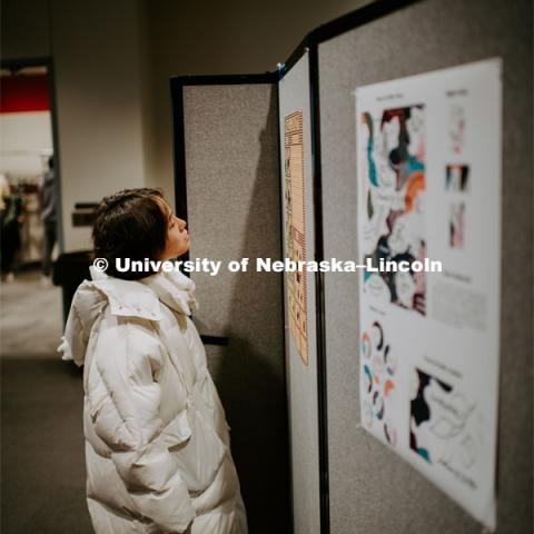 Our Nebraska: Express Yourself Expo in the Oasis Center. Students viewing the different art projects. January 31, 2019. Photo by Justin Mohling / University Communication.