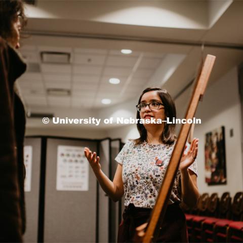 Our Nebraska: Express Yourself Expo in the Oasis Center. Student artist talking about her artwork. January 31, 2019. Photo by Justin Mohling / University Communication.