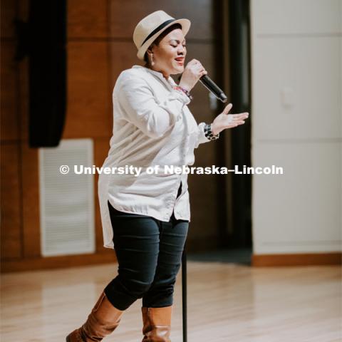 Our Nebraska: Express Yourself Expo in the Oasis Center. Vocal performance by a student singer. January 31, 2019. Photo by Justin Mohling / University Communication.