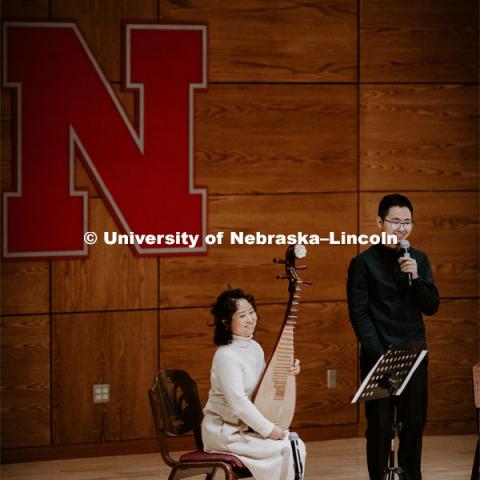 Our Nebraska: Express Yourself Expo in the Oasis Center. Chinese students playing traditional string instruments. January 31, 2019. Photo by Justin Mohling / University Communication.