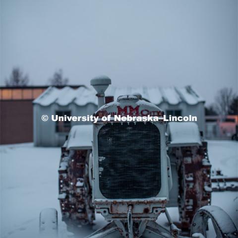 Snow covered tractors at the Larsen Tractor Museum on East Campus. February 11, 2019. Photo by Justin Mohling / University Communication.
