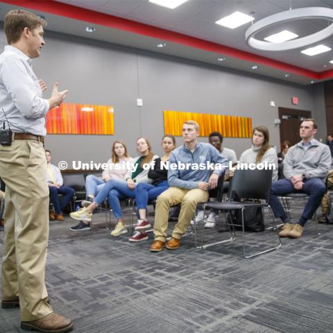 Senator Ben Sasse talks with ASAN members Monday afternoon in the Nebraska Union. The Charter Week event, “Why Don’t We Get Along? How Huskers Can Change the Future: A Student-led Conversation with Senator Ben Sasse”. February 11, 2019. Photo by Craig Chandler / University Communication.