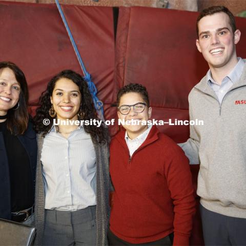 Patrice McMahon, Grace Chambers, Kamryn Sannicks, and Hunter Traynor.  The Charter Week event, “Why Don’t We Get Along? How Huskers Can Change the Future: A Student-led Conversation with Senator Ben Sasse”. February 11, 2019. Photo by Craig Chandler / University Communication.