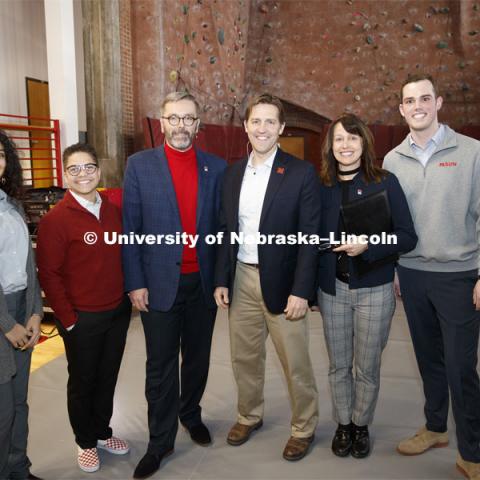 Grace Chambers, Kamryn Sannicks, Chancellor Ronnie Green, Senator Ben Sasse, Patrice McMahon and Hunter Traynor. The Charter Week event, “Why Don’t We Get Along? How Huskers Can Change the Future: A Student-led Conversation with Senator Ben Sasse”. February 11, 2019. Photo by Craig Chandler / University Communication.